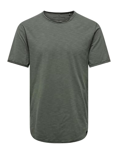 Herren O&S Rundhals T-Shirt Langes Einfarbiges Kurzarm Shirt Basic Shortsleeve aus Baumwolle ONSBENNE