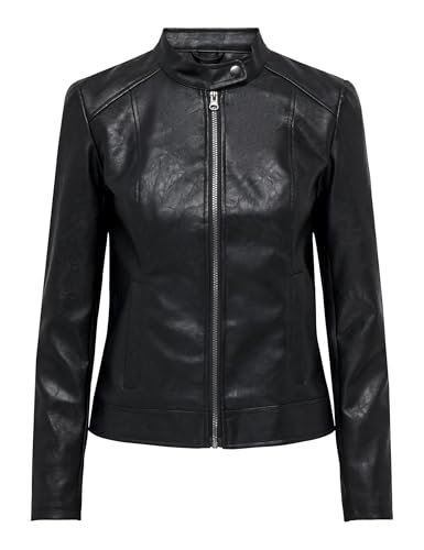 JDY Damen Kunstlederjacke Reißverschluss Hochgeschlossen Gesteppte Details Langarm, Farben:Schwarz, Größe:42