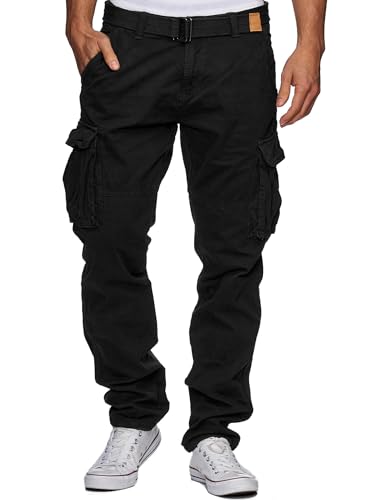 Indicode Herren William Cargohose aus Baumwolle m. 7 Taschen inkl. Gürtel | Lange Regular Fit Cargo Hose Baumwollhose Freizeithose Wanderhose Trekkinghose Outdoorhose für Männer Schwarz L