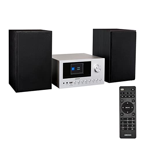 MEDION P85003 Micro Audio System Kompaktanlage (Internetradio, DAB+, PLL UKW Radio, Bluetooth, USB Anschluss, AUX, 2x150 W) Silber