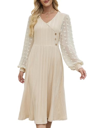 Quatrefox Kleider für Damen Polka Dot Herbst/Winter Outfits Langarm Patchwork Kleid für Damen Sweatshirtkleider V-Ausschnitt Midikleid