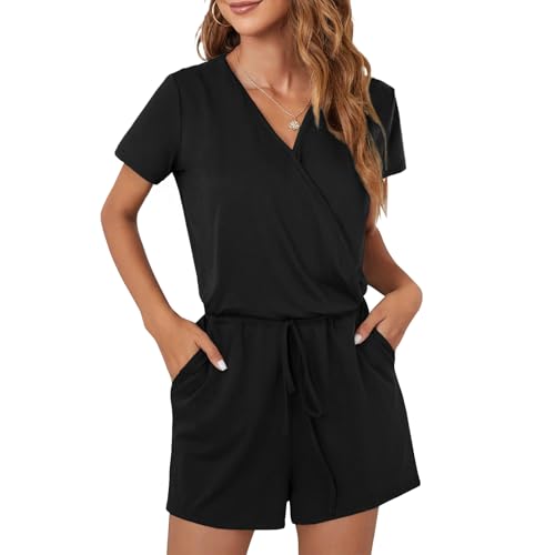 CLOUSPO Sommer Jumpsuit Damen Elegant Playsuit Casual Overall Kurzärmel Romper Verstellbarer elastischer Bund einfarbiger mit Taschen (Schwarz, L)