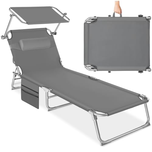 tectake® Sonnenliege klappbar, tragbar, Liege mit Seitentasche, Strandliege, Gartenliege mit Dach, Liegestuhl mit Verstellbarer Rückenlehne, inkl. Kopfkissen - für Balkon, Terrasse, Camping - grau