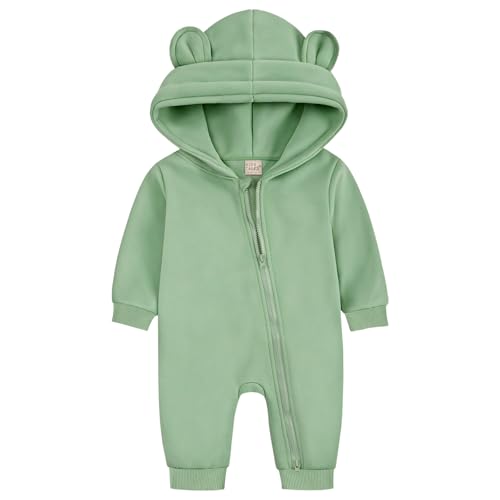 ABOHU Neugeborenes Baby Jungen Mädchen Strampler, Lange Ärmel Overall mit Bär Ohr und Kapuze, Säuglings Frühling Herbst Body, Reißverschluss Bodysuit Baby Schlafanzug Einteilige 0-6 Monate