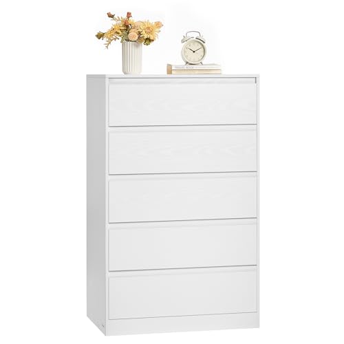 VASAGLE Kommode mit 5 Schubladen, Kommodenschrank, Schubladenschrank, Wäschekommode, für Schlafzimmer, 40 x 60 x 97,4 cm, Modern Kailyn Kollektion, schneeweiß LTS605WE01