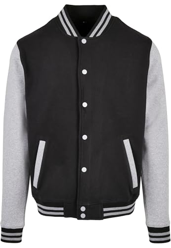 Build Your Brand Basic College Jacket – Unisex College Jacke im Regular Fit aus Baumwolle & Polyester mit Rippkragen, Knopfleiste & Taschen, ideal für Freizeit & Veredelung,Black/Heather Grey,3XL