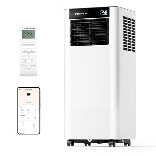 Temprium Mobile Klimaanlage 9000BTU 2,6Kw mit Abluftschlauch | 3-in-1 Mobiles Klimagerät | Fensterabdichtung | APP-Steuerung + Fernbedienung | Leiser Betrieb | 24h-Timer | Für Räume bis 25m²