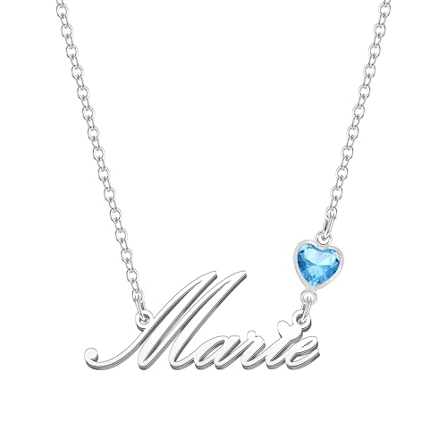 Kraven Damen Kette mit Namen Blauer Geburtsstein-Anhänger Halskette Namenskette Geschenk Personalisiert Damenkette Buchstaben Kette Geschenkidee für Frauen Teenager Mädchen Tochter (Marie)