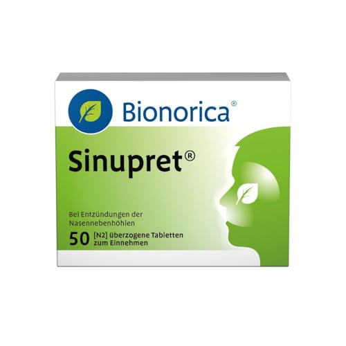 Sinupret überzogene Tabletten – 5-Pflanzenkombination bei Nasennebenhöhlenentzündung mit Schnupfen. Löst den Schleim, öffnet die Nase und befreit den Kopf, für Kinder ab 6 Jahren und Erwachsene, 50 St