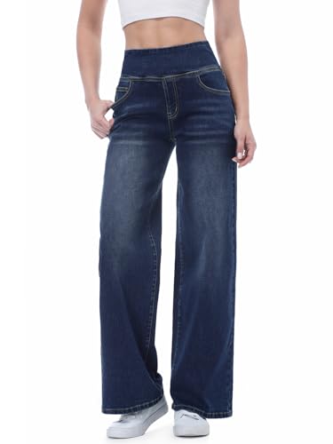 Chasehot Damen Pull-On Wide Leg Jeans mit Gummibund High Waist Stretch, Weite Beine, 4 Taschen, Dunkles Indigo, 31