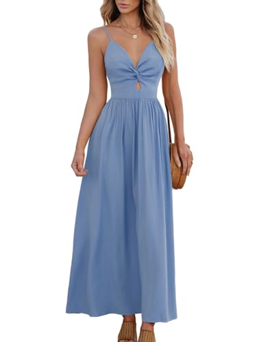 CUPSHE Damen Sommerkleid Boho V Ausschnitt Ärmellos Standkleid Twist Front Freizeitkleider Urlaub Maxi Dress Blau S