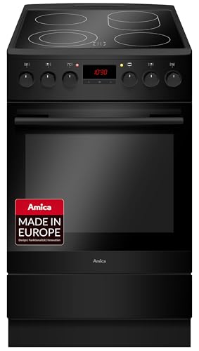 Amica Standherd Elektro 65 Liter Garraum 50 cm mit 11 Funktionen Glaskeramikkochfeld vier HiLight Kochzonen erweiterbare Zone SensorControl SteamClean EasyClean Schwarz Matt Fine Design – standherd