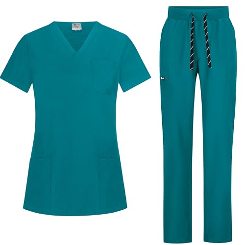 B-well BELLA Damen-Schrubb-Set Schlupfkasack + Schlupfhose Set Medizin Arzt Uniform Schlupfjacke Oberteil mit Hose Medizinische Berufsbekleidung mit Elastan (Karibik, XL)