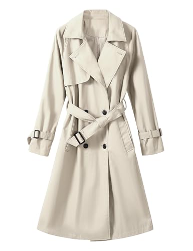 Vancavoo Trenchcoat Damen Lang Übergangsmantel Mantel Klassische Herbst Frühling Zweireiher Jacke Trench mit Gürtel Damenmantel Baumwolle Windjacke,Beige,L