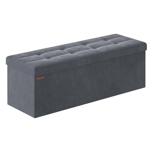 SONGMICS Sitzhocker mit Stauraum, Faltbar, 131 L, Samt | Truhenbank, 110 x 38 x 38 cm, bis 300 kg Belastbar, für Flur, Schiefergrau und Tintenschwarz, MINOTA Kollektion LSF277G01