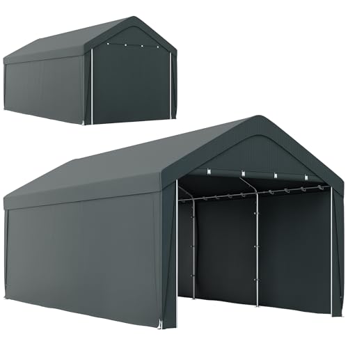 Outsunny Carport Garagenzelt 3 x 6 m, Outdoor-Carport, Lagerzelt mit abnehmbaren Seitenwänden und 2 aufrollbaren Reißverschlusstüren, für Auto, LKW, Boot, dunkelgrau