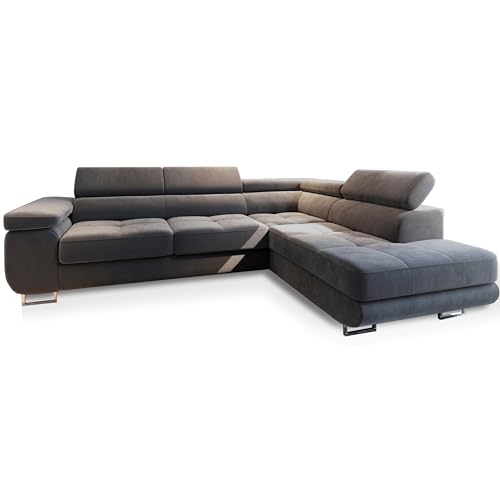 Masseno Ecksofa Selva R-S mit Schlaffunktion L-Form, Glamour Sofa mit Bettkasten, Wohnzimmersofa, Couch, Soffa, Bettsofa, Couchgarnitur - Grau, Monolith 85