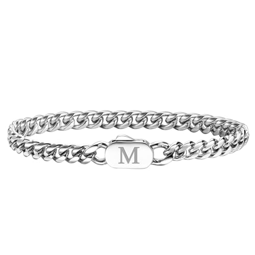 XUANPAI Initiale Armbänder für Männer, A-Z Letter Armband Silber Herrenarmband mit Initiale, Edelstahl Stylish Non Tarnish Cuban Link Armband für Männer Schmuck Geschenke,21cm (M)