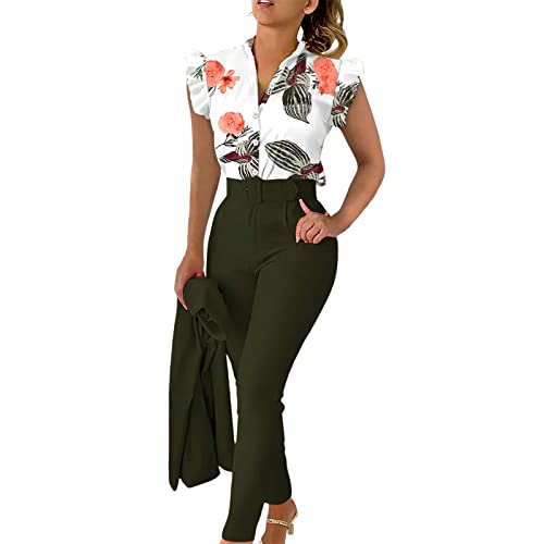 Anzug Damen Elegant 3 Teiler Sommer Drucken Rüschenärmel Hemd Bluse Und Hosen Und Gürtel Set Bussiness Outfit Hosenanzug Slim Fit Streetwear Anzüge Kombi