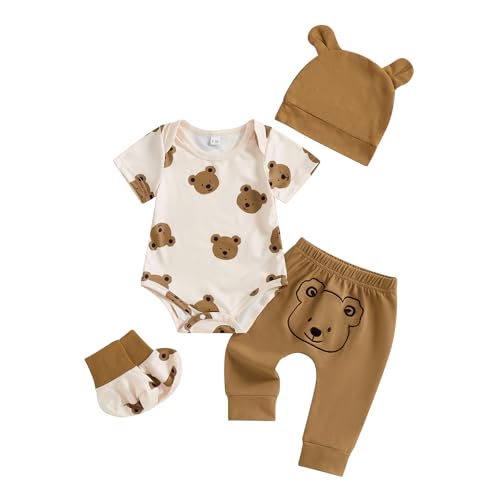 Strampler für Neugeborene, mit Bären-Aufdruck, kurze Ärmel, lange Hose, Mütze, Schuhe, 4-teiliges Set, khaki, 0-3 Months