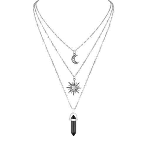 GlamRays Gotischer Sonne und Mond Halskette für Frauen, Kristall Anhänger, Y2k Accessoires, Goth Hexen Schmuck, Schwarz