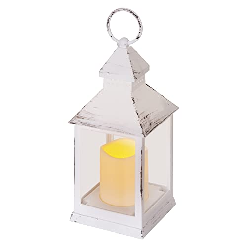 EMOS Antike Laterne mit LED Kerze, Vintage Design und Flammeneffekt, IP20 für Innen, Batteriebetrieben (3x AAA), 10000 Stunden, Warmweisse Lichtfarbe, 6 Stunden Timer Funktion, 10,5 x 24 cm, weiß
