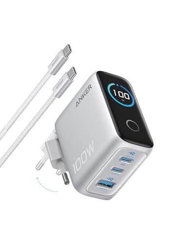 Anker 100W USB C Ladegerät, Smart Ladegerät, kompaktes 3-Port GaN Netzteil | Smart Display und Touch-Steuerung, für MacBook, iPad, iPhone 17/16/15 Serie, inkl. USB-C Kabel