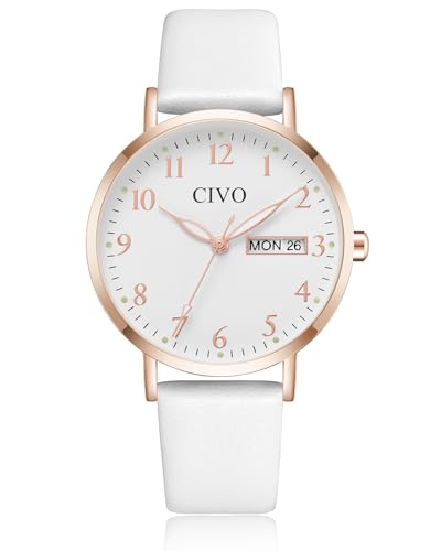 CIVO Damenuhr Lederarmband Weiß Analog: Elegant Uhren Damen Quarz Datum Wasserdicht Armbanduhr Frauen Minimalistisch Mode Kleid Geschenke für Damen