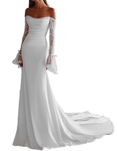 HUINI Hochzeitskleid für die Braut mit Spitzenapplikationen aus Satin Korsett Schulterfrei Meerjungfrau-Stil Brautkleid mit Schleppe Weiß 36