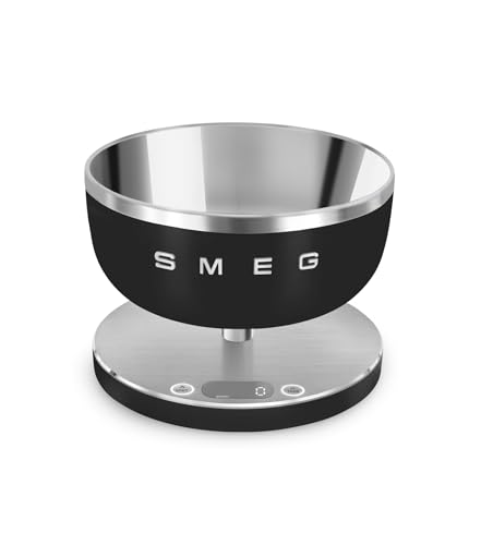Smeg, Digitale Küchenwaage KSC01BLMWW, abnehmbare Edelstahlschüssel, vier Messeinheiten g/ml und lb.oz/fl.oz, mit Tara-Funktion, Maximale Kapazität 5kg, Schwarz
