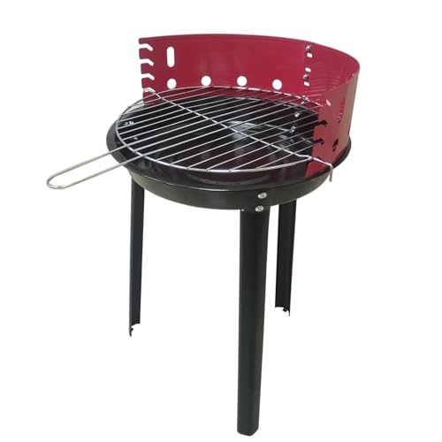 Friesenthal Standgrill Holzkohle – Rundgrill Rot/Schwarz mit Grillrost Ø 32 cm, höhenverstellbarer Grillrost & Windschutz, kompakter Holzkohlegrill für Balkon, Garten, Camping & Festivals