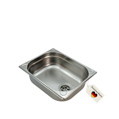 madelee Spülbecken/Waschbecken Camping/Wohnmobilküche/Food-Truck/Ausbau aus Edelstahl 32,5 cm x 26,5 cm x 10 cm mit Ablaufgarnitur 25/20 mm Anschluss