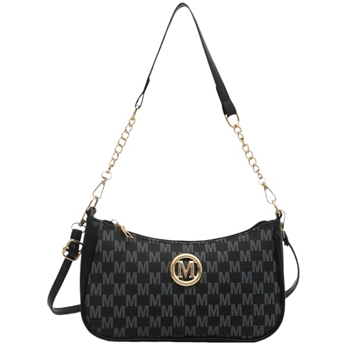 Uoocg Kleine Handtasche Damen M Buchstaben Muster Elegant Schultertasche Pu Leder Crossbody Taschen Umhängetasche mit Verstellbarer Schultergurt (schwarz)