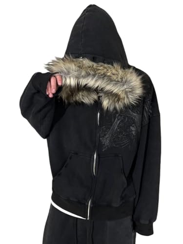 ORANDESIGNE Y2K Hoodie Herren Zip Up Kapuzenpullover Jacke mit Fellkapuze Warmer Pelz Wintermantel Streetwear A Schwarz M