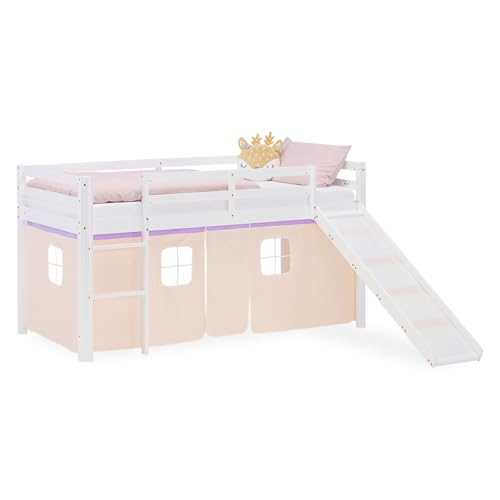 Homestyle4u Hochbett mit Rutsche 90x200 cm Weiß Kinderbett Mädchen aus Massivholz Kiefer Spielbett mit Vorhang Lila Beige, Leiter & Absturzsicherung