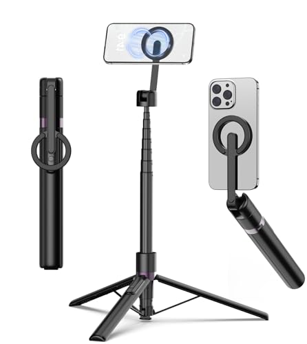 TONEOF 173cm Magnetisches Selfie Stick Stativ, Stark Magnetischer Aluminium Halter für Magsafe, 360° Drehbar, Einziehbares Einbein Stative mit Metallring&Fernbedienung, Tragbares Handystativ-Schwarz