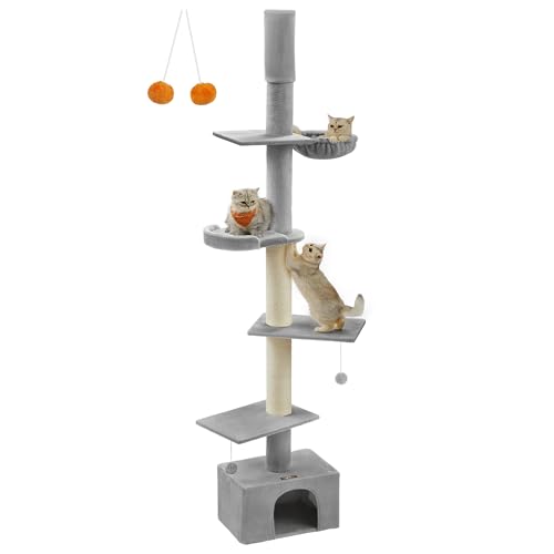 Feandrea Kratzbaum deckenhoch, 231-291 cm höhenverstellbarer Katzenbaum, XXL, hoher mehrstufiger Katzenkratzbaum, 11 cm Dicke Stämme, Höhle, Liegemulde, Plattform, hellgrau PCT210G01