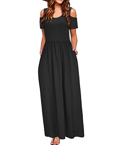 STYLEWORD Sommerkleid Damen Lang Maxikleid Sommer Schwarz Elegant Freizeitkleid Kurzarm Kleider mit Taschen