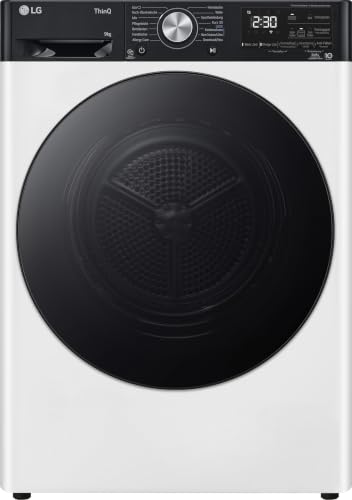 LG RT90V9P Wärmepumpentrockner – 9 kg Kapazität, Dual Inverter Technologie, Automatisch selbstreinigender Kondensator, Sensor Dry, Allergy Care, Reversive Trommel, Smart Diagnosis, ThinQ App, Weiß