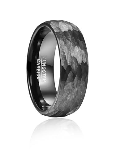 Vakki Wolframcarbid Herren Ring Schwarz Gehämmerter Matt Ring Größe 65(20.7)