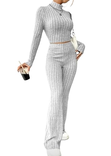 shownicer Damen Zweiteiler Strickanzug 2 Teiler Set Langarm Gerippt Crop Top Und Hose Loungewear Set Slim Fit Zweiteiler Outfit Freizeitanzug Casual Jogginganzug A Hellgrau S
