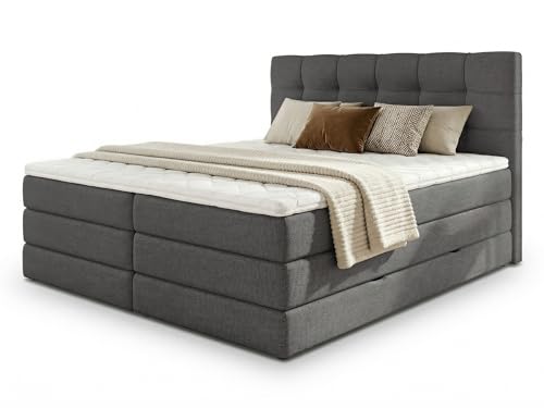 Sofnet Boxspringbett Best XL mit 2 Bettkästen und Topper, mit Taschenfederkern- und Bonellfederkernmatratze, Doppelbett, Polsterbett aus Webstoff mit Stauraum (Graphit (Inari 94), 180 x 200 cm)