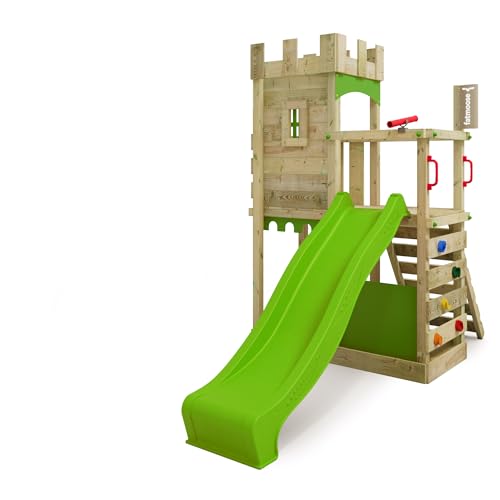 FATMOOSE Spielturm Ritterburg BoldBaron Boost XXL mit apfelgrüner Rutsche, Outdoor Kinder Kletterturm mit Sandkasten Leiter & Spiel-Zubehör für den Garten