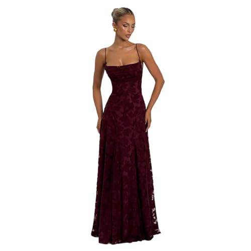 Chiffon-Trägerkleid, Rückenfreies Jacquard-Design, Dünne Träger, Quadratischer Ausschnitt, Bodenlang, Größe S-L (Burgundy,S)