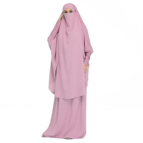DOTBUY-SHOP Muslimisches Kleid Damen Einfarbig Zweiteiliger Muslim Lange Robe mit Hijab Naher Osten Dubai Arab Islamischer Ramadan Sommerkleid Gebetskleidung Abaya für Frauen