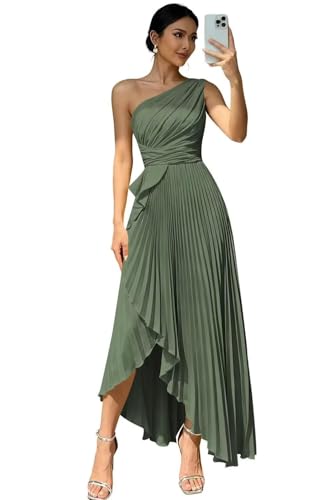 JAEDEN Ein Schulter Satin Brautjungfernkleider Damen A Linie Abendkleid Plissee Ballkleider mit Schlitz Hell Olivgrün 38