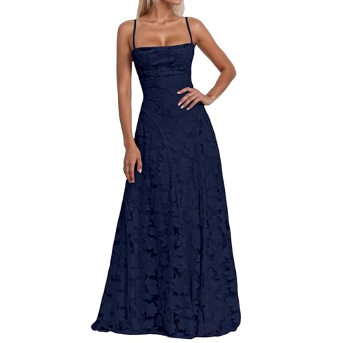 Ballkleid Damen Abendkleid Damen Lange Floral Spaghettiträger Abendkleider Formelle Brautjungfernkleider A Linie Ballkleider KleidLang Abschlusskleid, Brautjungfernkleid Trauzeugin Kleid (Navy, M)