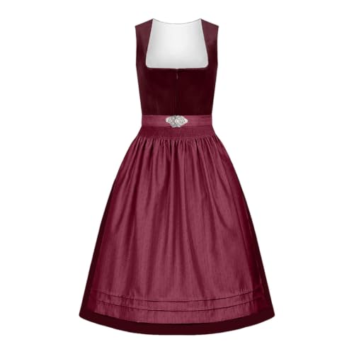 Dirndl Rot Midi Damen Samt mit Schürze,Modernes Dirndlkleid,Elegantes Dirndl Kleid Trachtenkleid für Oktoberfest Wiesn,Festliches Modern Trachten Outfit Trachtenmode,03 Rot,S