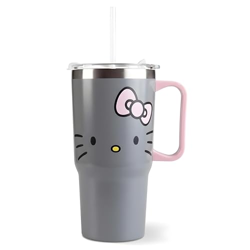 Hello Kitty Trinkbecher Kinder mit Deckel und Strohhalm 540 ml - großer Strohhalmbecher mit Henkel, grau - Kinderbecher für Schule, Kindergarten, Sport und Ausflüge
