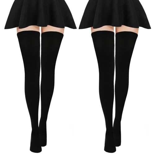 Yolev 2 Paar Overknee Strümpfe Damen Schwarz 80cm Kniestrümpfe Lange Warme Thigh High Socks Damen- Mädchen Oberschenkelsocken Beinwärmer